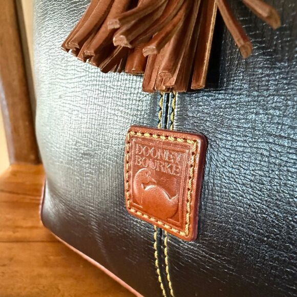 Dooney & Bourke Saffiano Leather Tassle Tote Bag — Black & Natural Trim - Picture 11 of 16